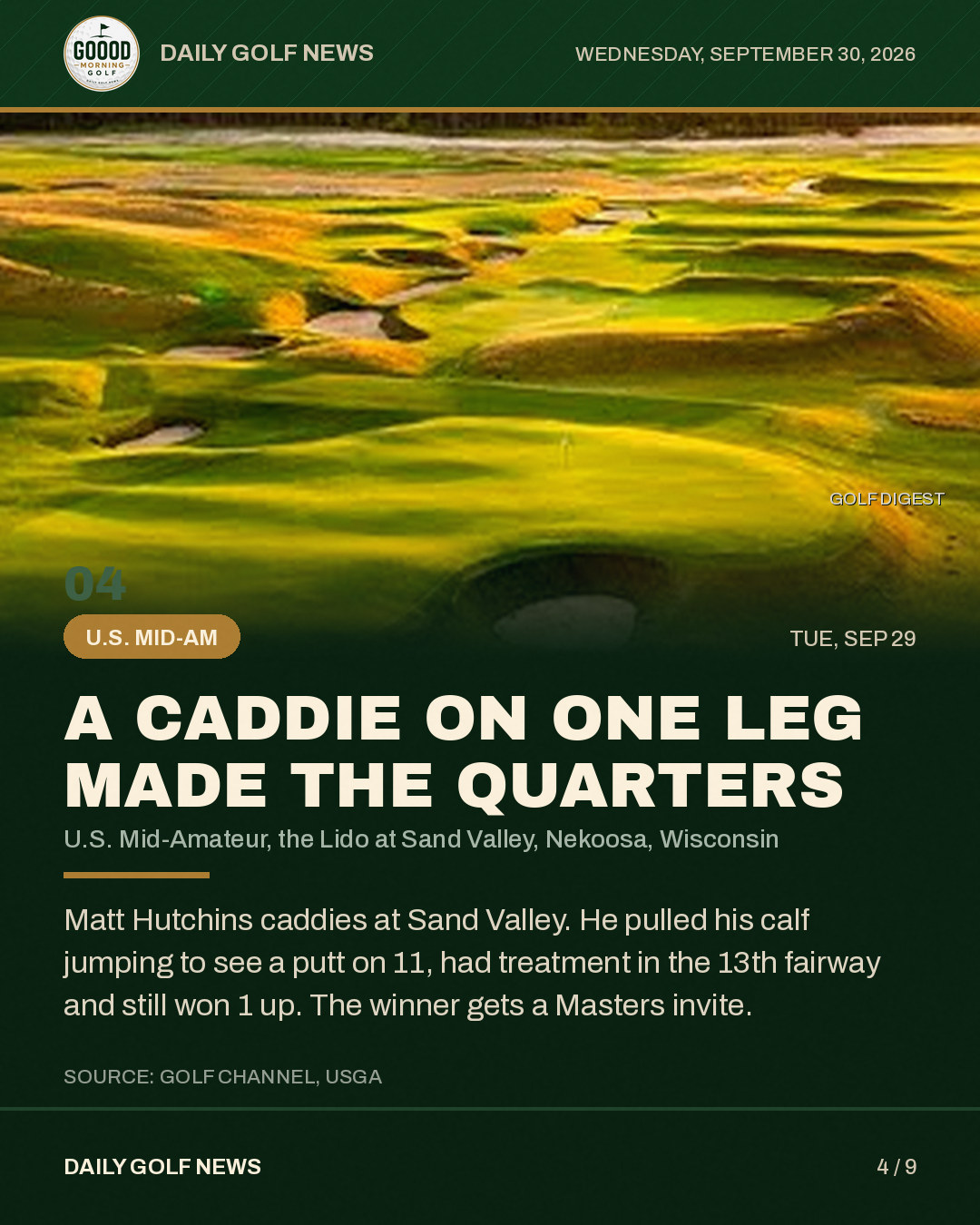 A caddie on one leg made the quarters, the slide from the Instagram post