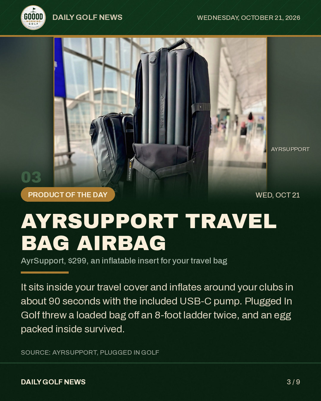 AyrSupport travel bag airbag, the slide from the Instagram post