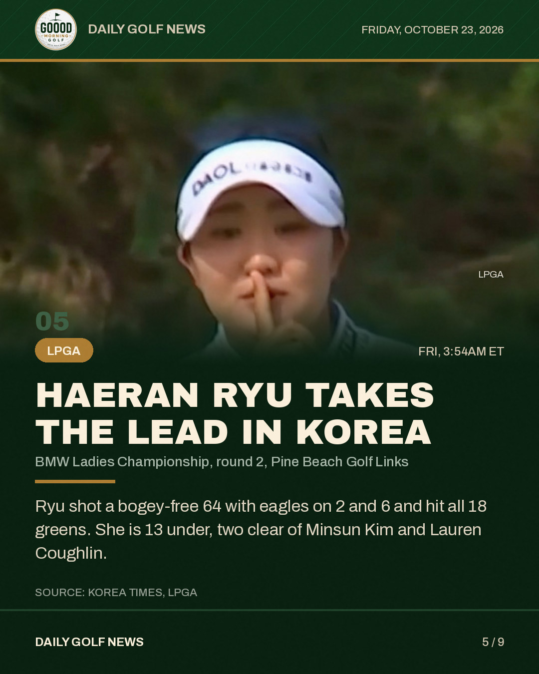 Haeran Ryu takes the lead in Korea, the slide from the Instagram post